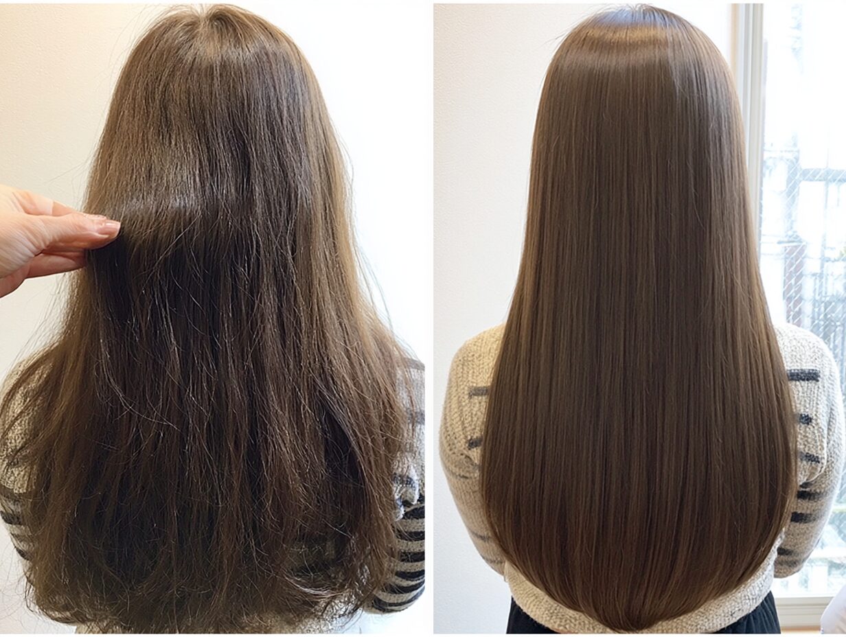 カラー履歴のあるロングヘアの縮毛矯正ビフォーアフター