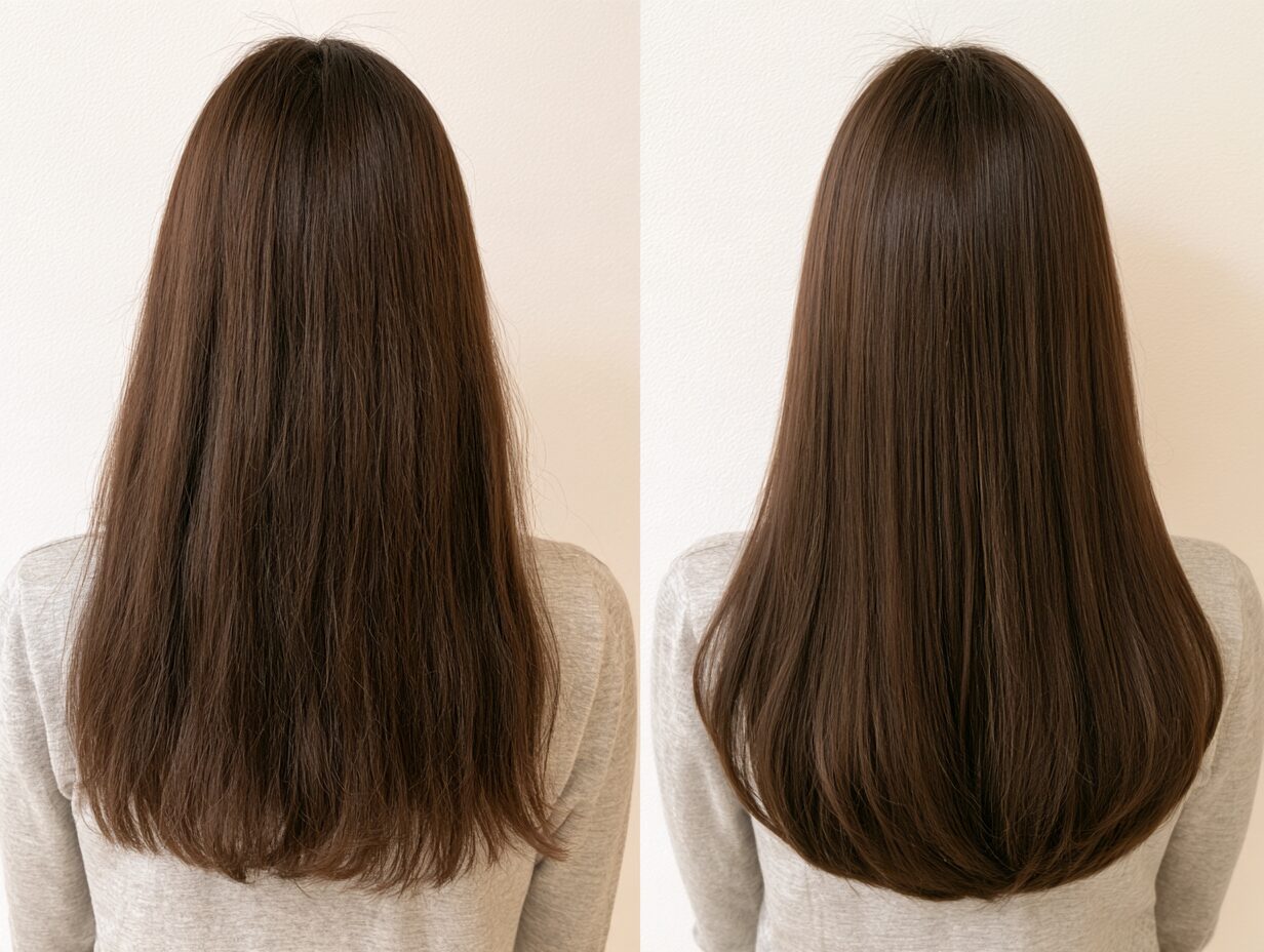 カラー履歴のあるロングヘアの髪質改善トリートメント前後